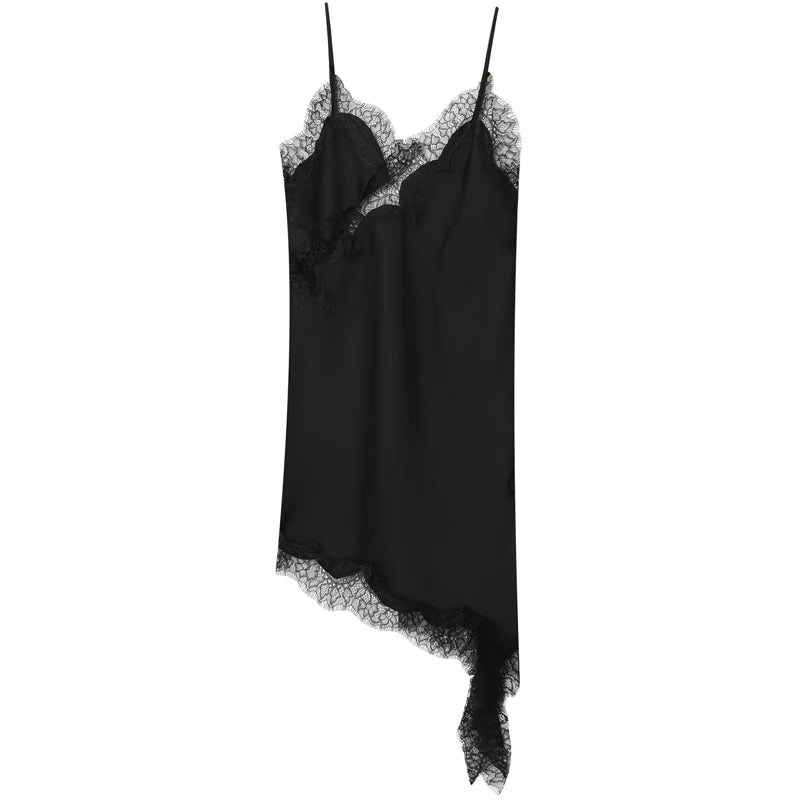 Spaghetti Strap Lace Trim Asymmetric Hem Slip Mini Dress