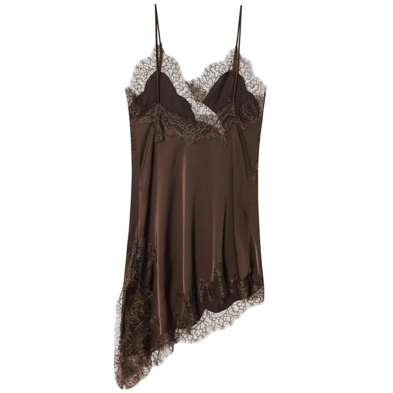 Spaghetti Strap Lace Trim Asymmetric Hem Slip Mini Dress