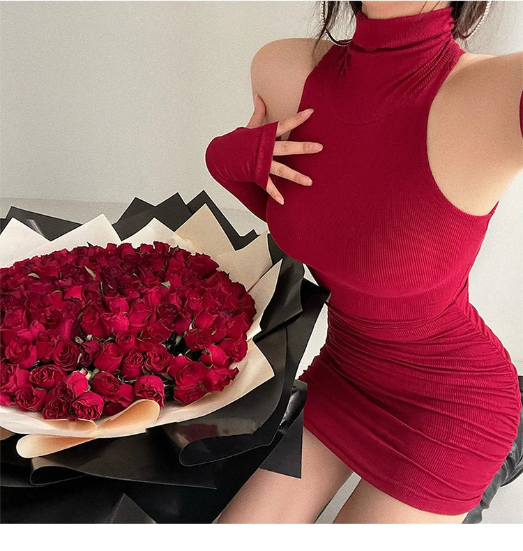Ribbed Mock Neck Sleeveless Mini Dress with Matching Sleeves