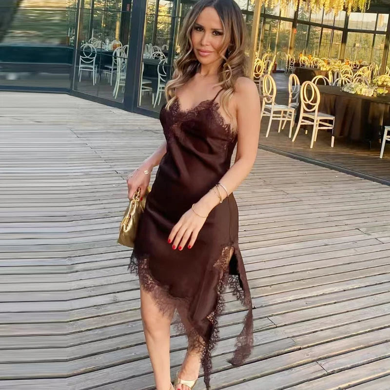 Spaghetti Strap Lace Trim Asymmetric Hem Slip Mini Dress