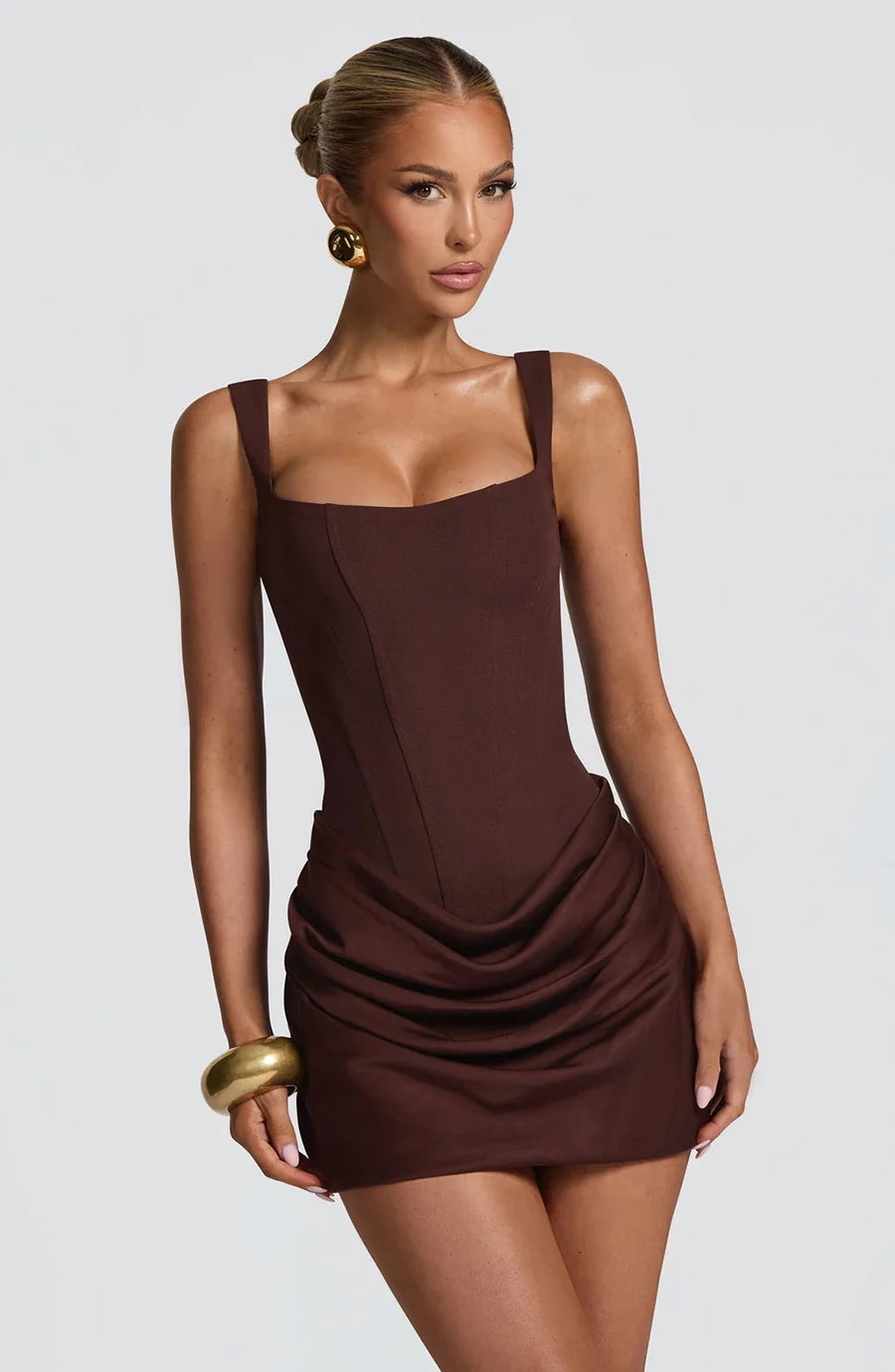 Square Neck Corset Style Draped Mini Dress