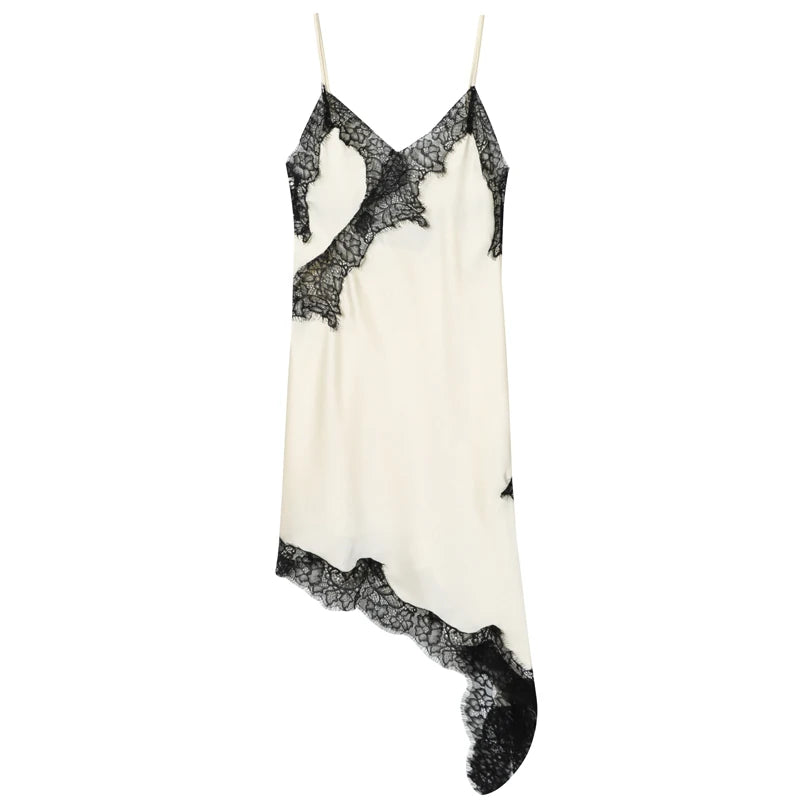Spaghetti Strap Lace Trim Asymmetric Hem Slip Mini Dress