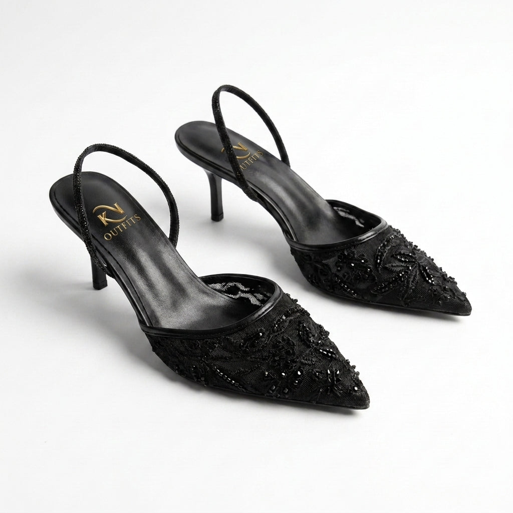 Flora Beaded Floral Mesh Slingback Heels