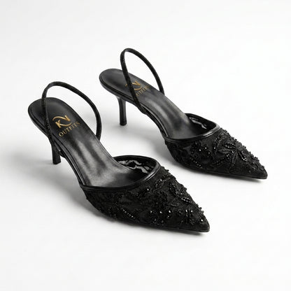 Flora Beaded Floral Mesh Slingback Heels