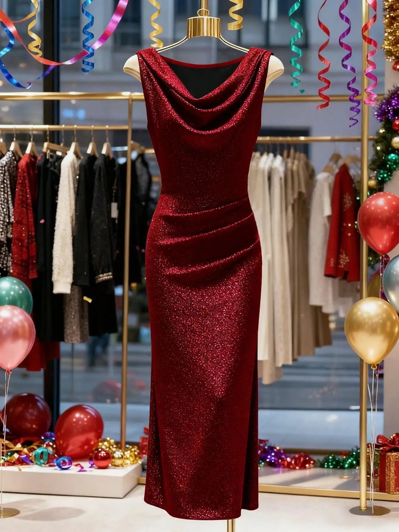 Cowl Neck Sleeveless Glitter Ruched Side Slit Maxi Dress