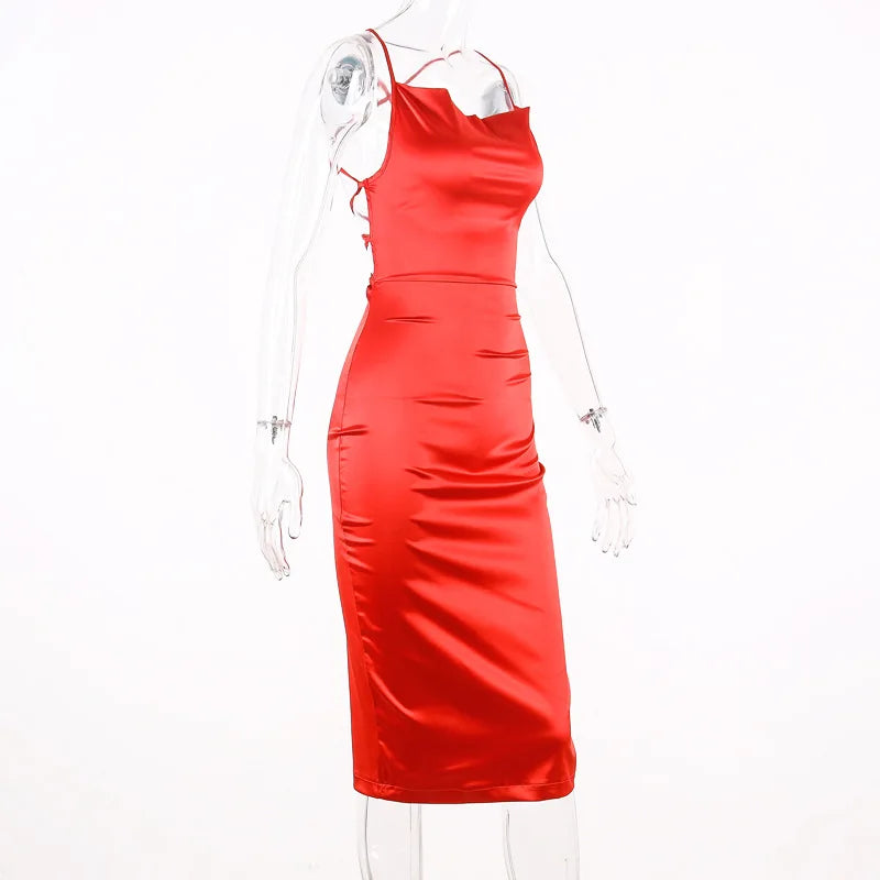 Satin Cowl Neck Backless Bodycon Midi Dress
