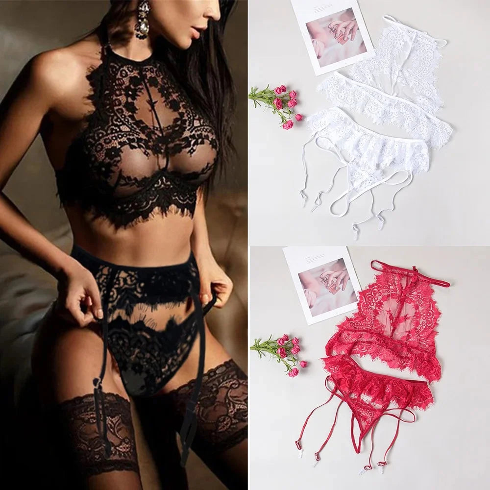 Printed Lace Halter Bra and Panty Set