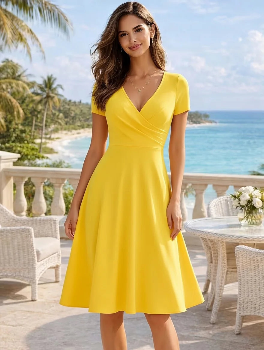 V Neck Cap Sleeve Wrap Front A Line Midi Dress