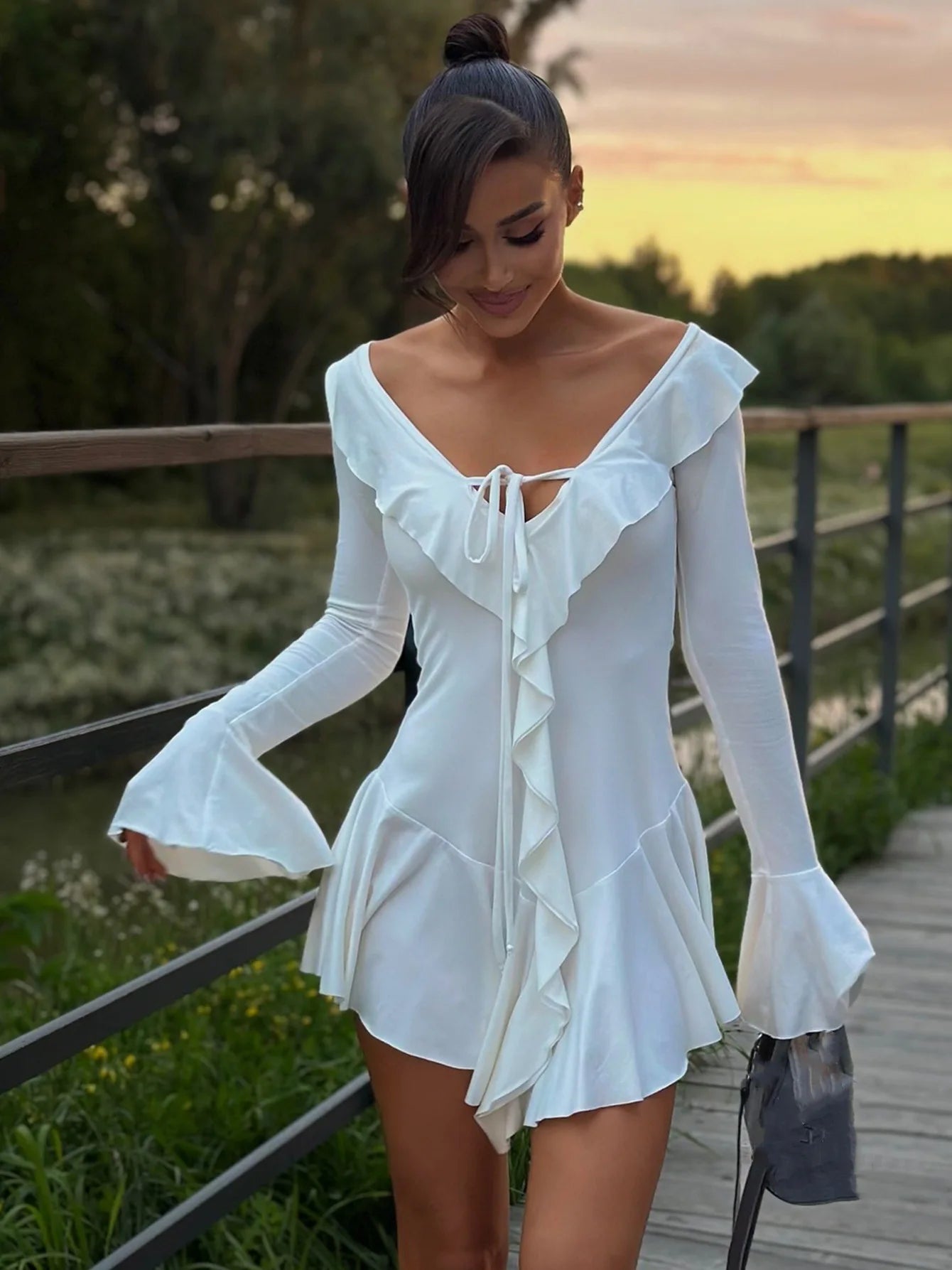 Long Sleeve Ruffle Trim Tie Front Mini Dress