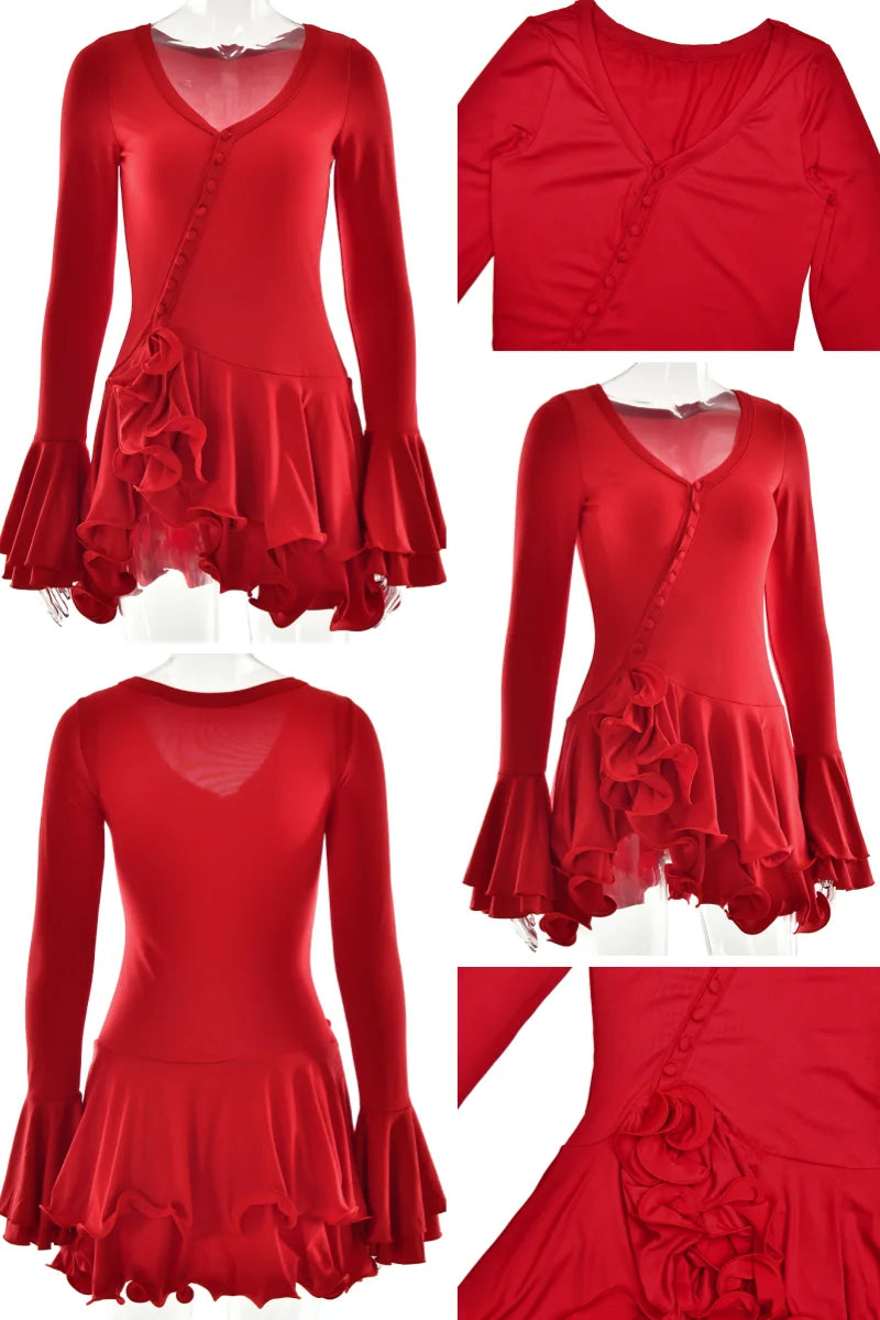 Long Sleeve Scoop Neck Button Detailed Ruffle Mini Dress