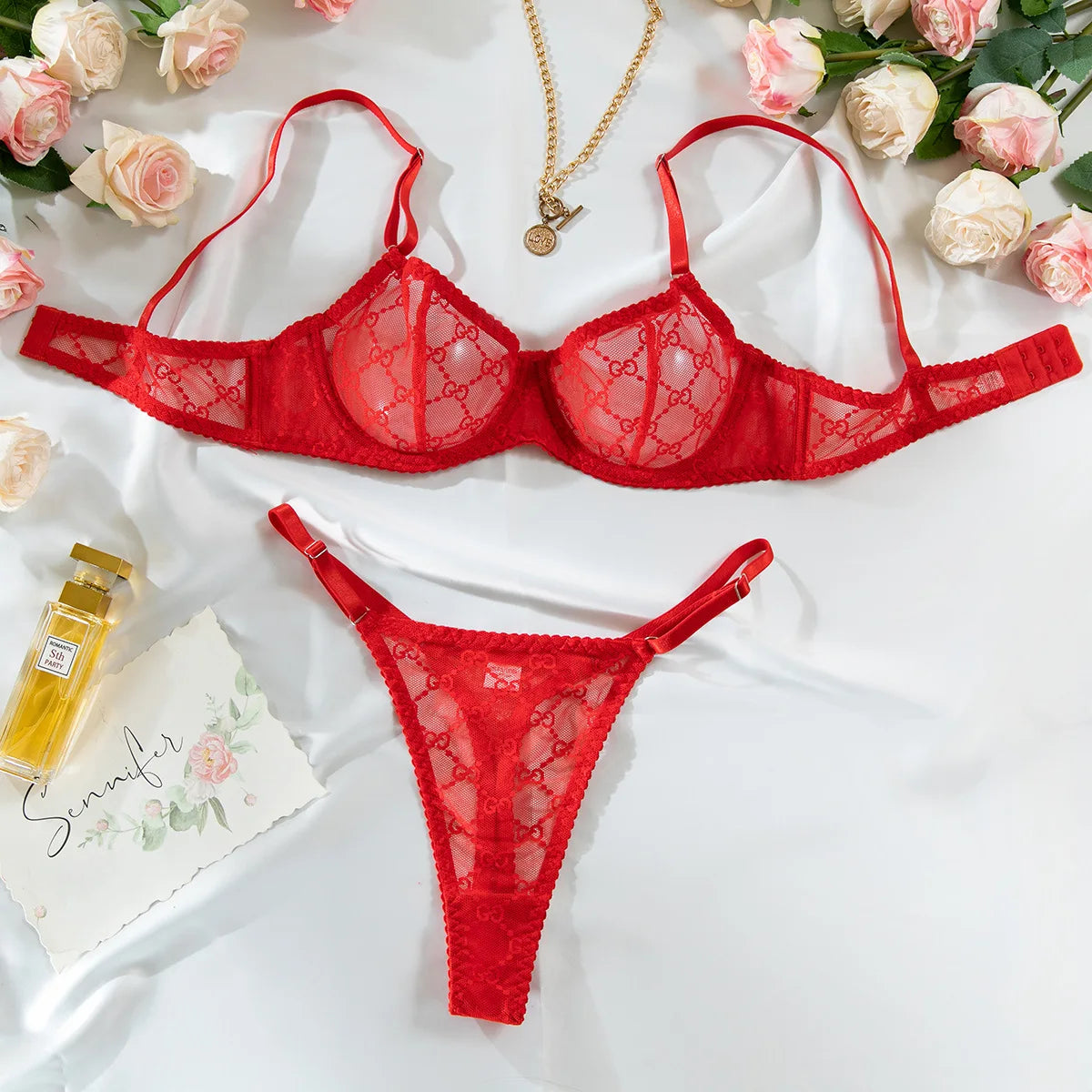 Embroidered Mesh Underwire Bra and Panty Set