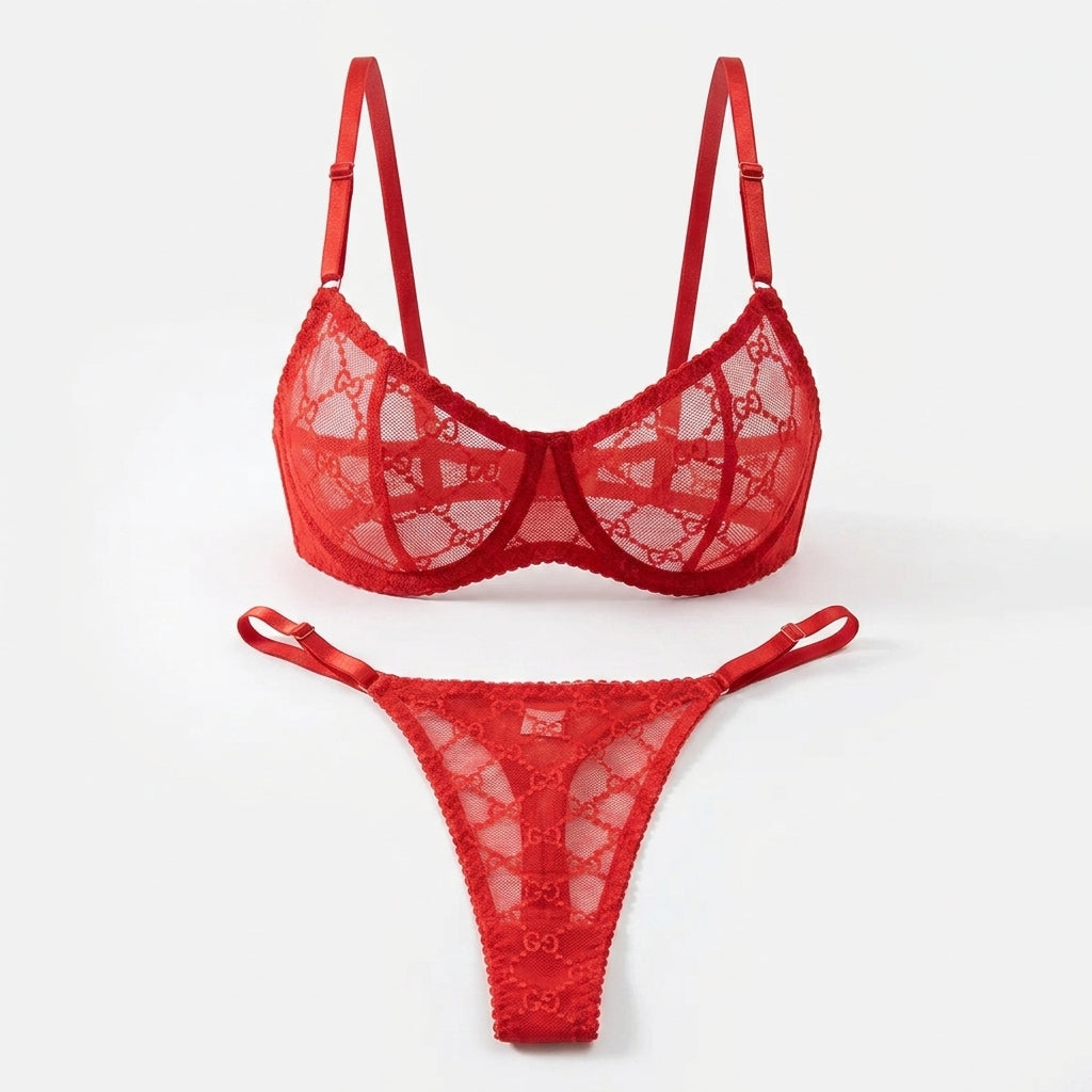 Embroidered Mesh Underwire Bra and Panty Set
