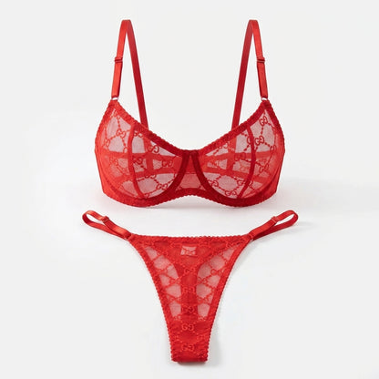 Embroidered Mesh Underwire Bra and Panty Set