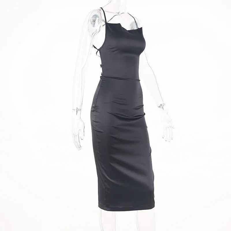 Satin Cowl Neck Backless Bodycon Midi Dress