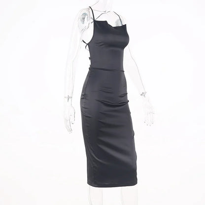 Satin Cowl Neck Backless Bodycon Midi Dress