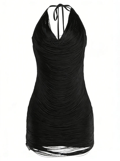 Halter Neck Cowl Backless Textured Mini Dress