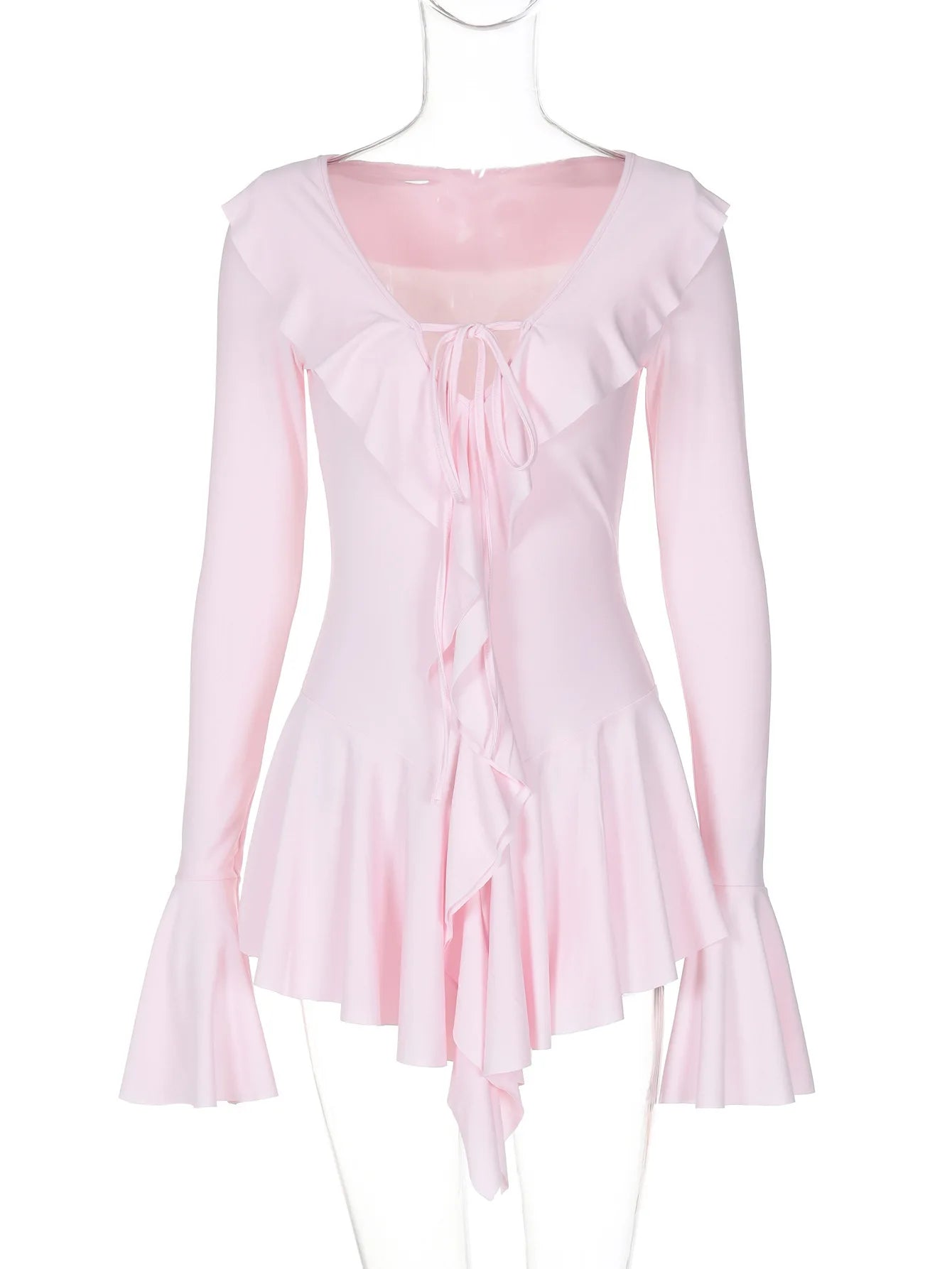 Long Sleeve Ruffle Trim Tie Front Mini Dress