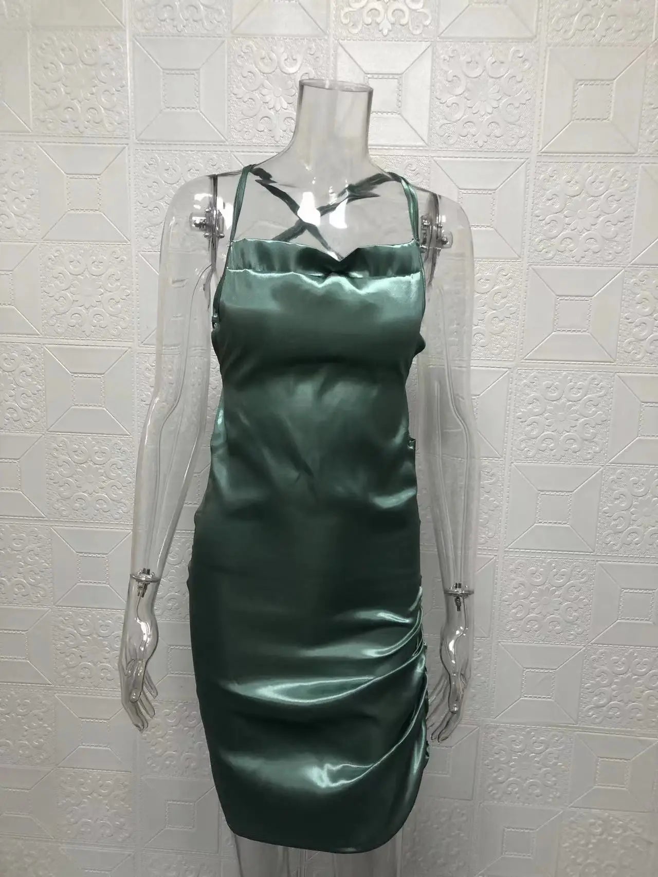 Satin Cowl Neck Ruched Side Slit Mini Dress