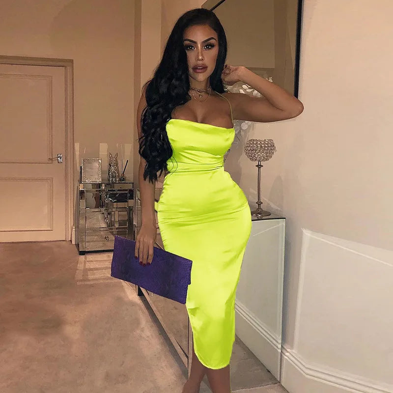 Satin Cowl Neck Backless Bodycon Midi Dress