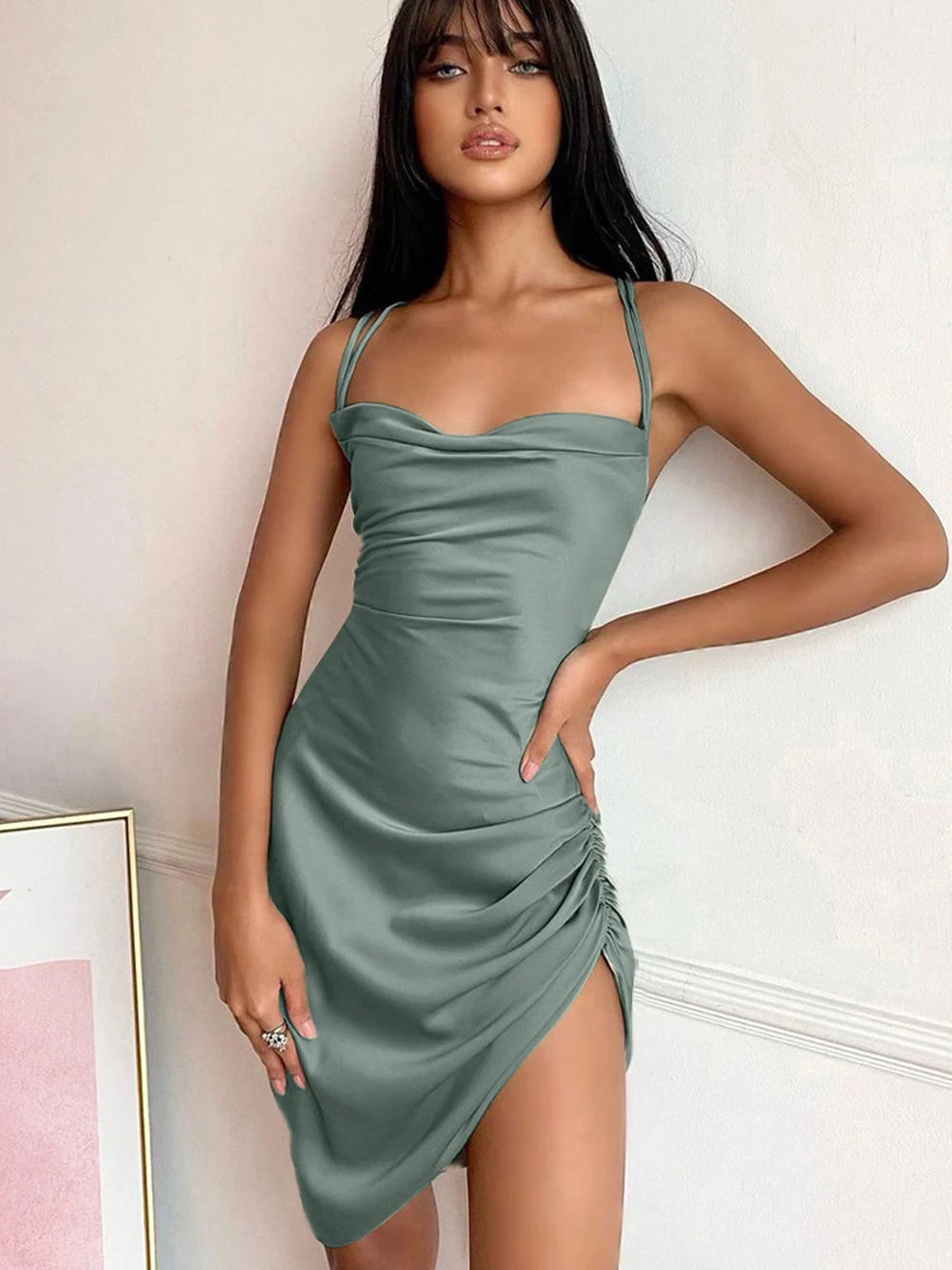 Satin Cowl Neck Ruched Side Slit Mini Dress