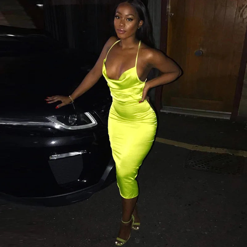 Satin Cowl Neck Backless Bodycon Midi Dress