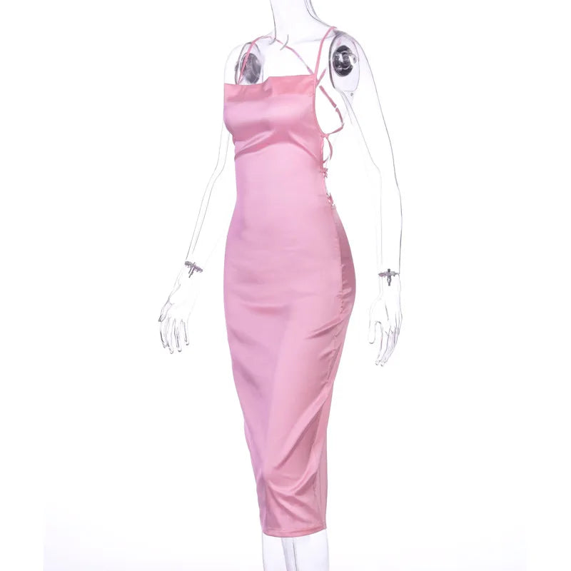 Satin Cowl Neck Backless Bodycon Midi Dress