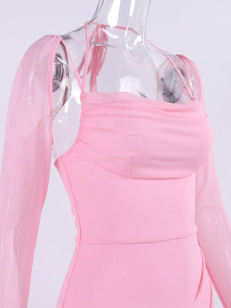 Cowl Neck Halter Mini Dress with Mesh Long Sleeves
