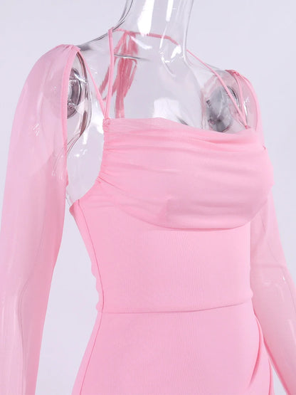 Cowl Neck Halter Mini Dress with Mesh Long Sleeves