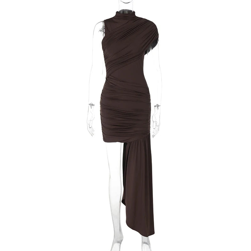 Sleeveless Mock Neck Draped Asymmetric Mini Dress