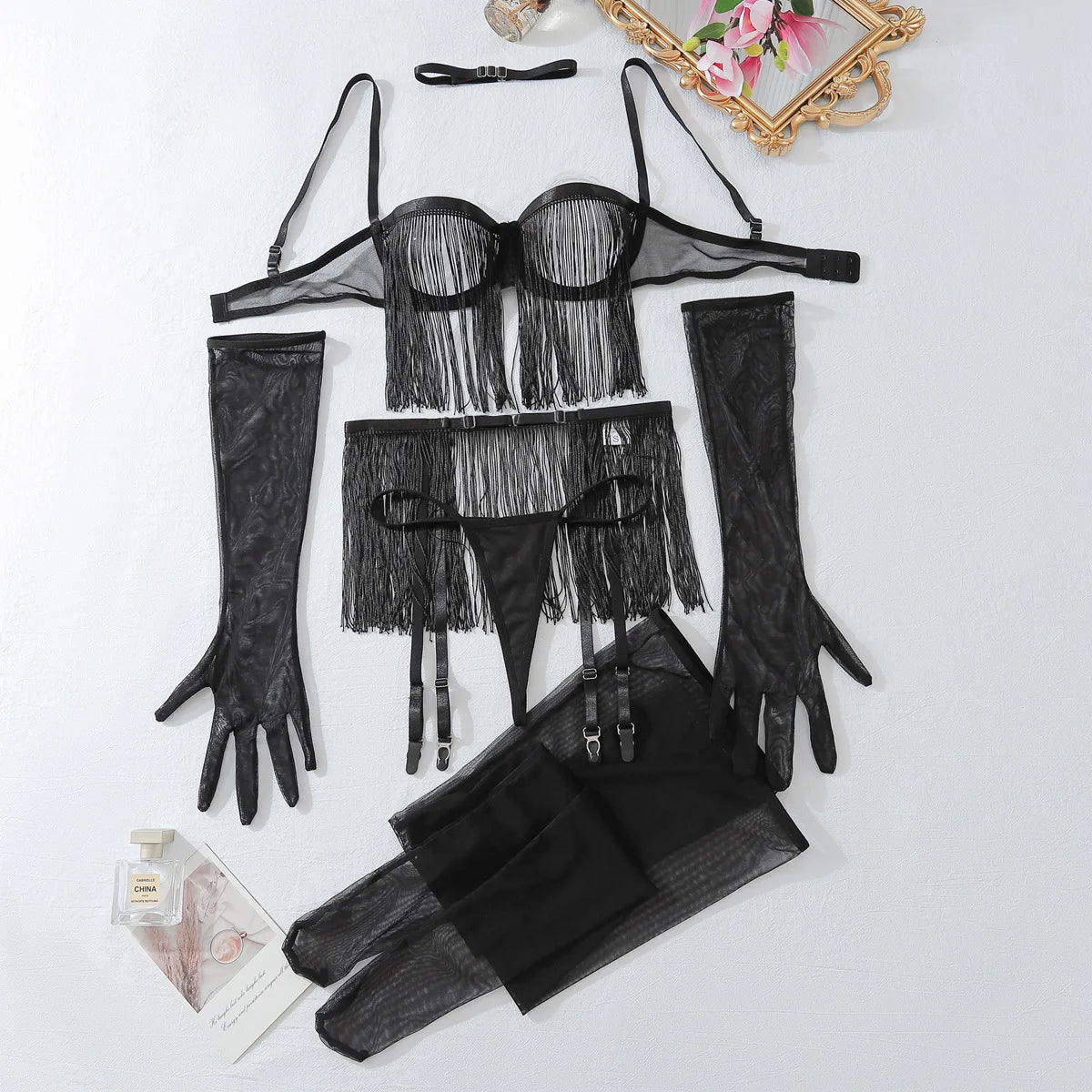 Tassel Sheer Garter Lingerie Set 8 Piece Collection