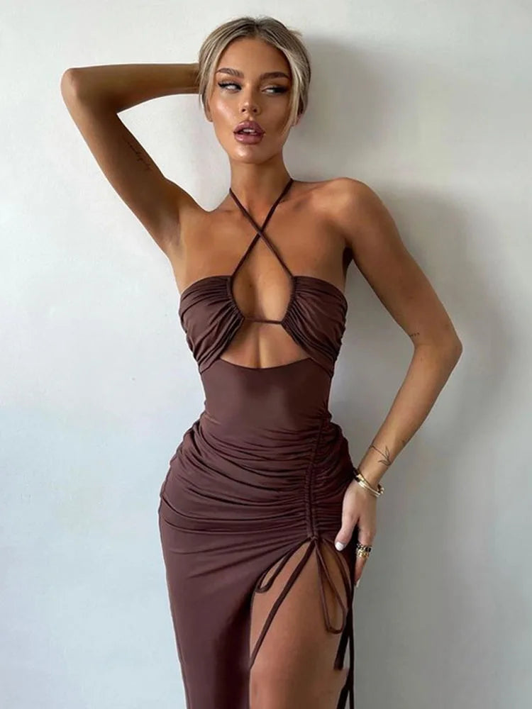 Halter Neck Criss Cross Cutout Ruched Side Slit Midi Dress