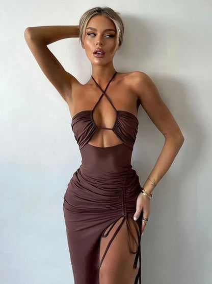 Halter Neck Criss Cross Cutout Ruched Side Slit Midi Dress