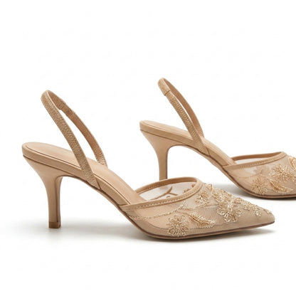Flora Beaded Floral Mesh Slingback Heels
