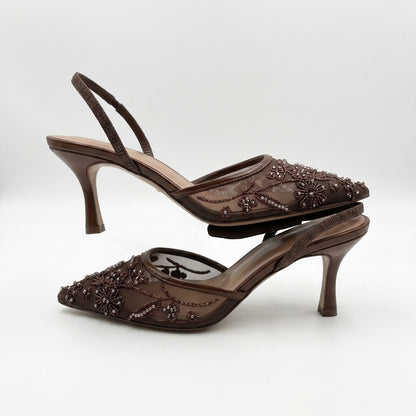 Flora Beaded Floral Mesh Slingback Heels