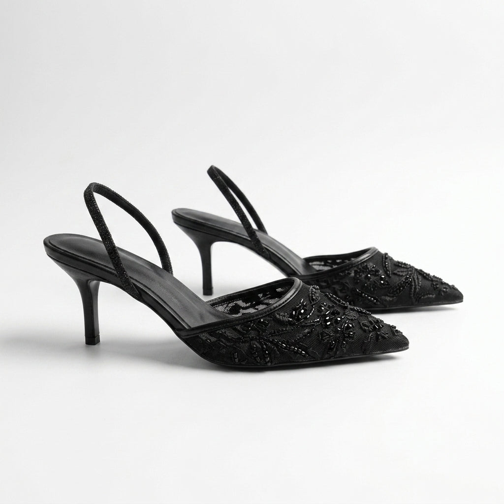 Flora Beaded Floral Mesh Slingback Heels