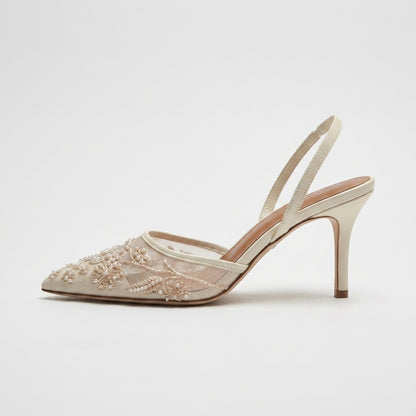 Flora Beaded Floral Mesh Slingback Heels
