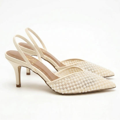 Amara Pearl Embellished Mesh Slingback Heels
