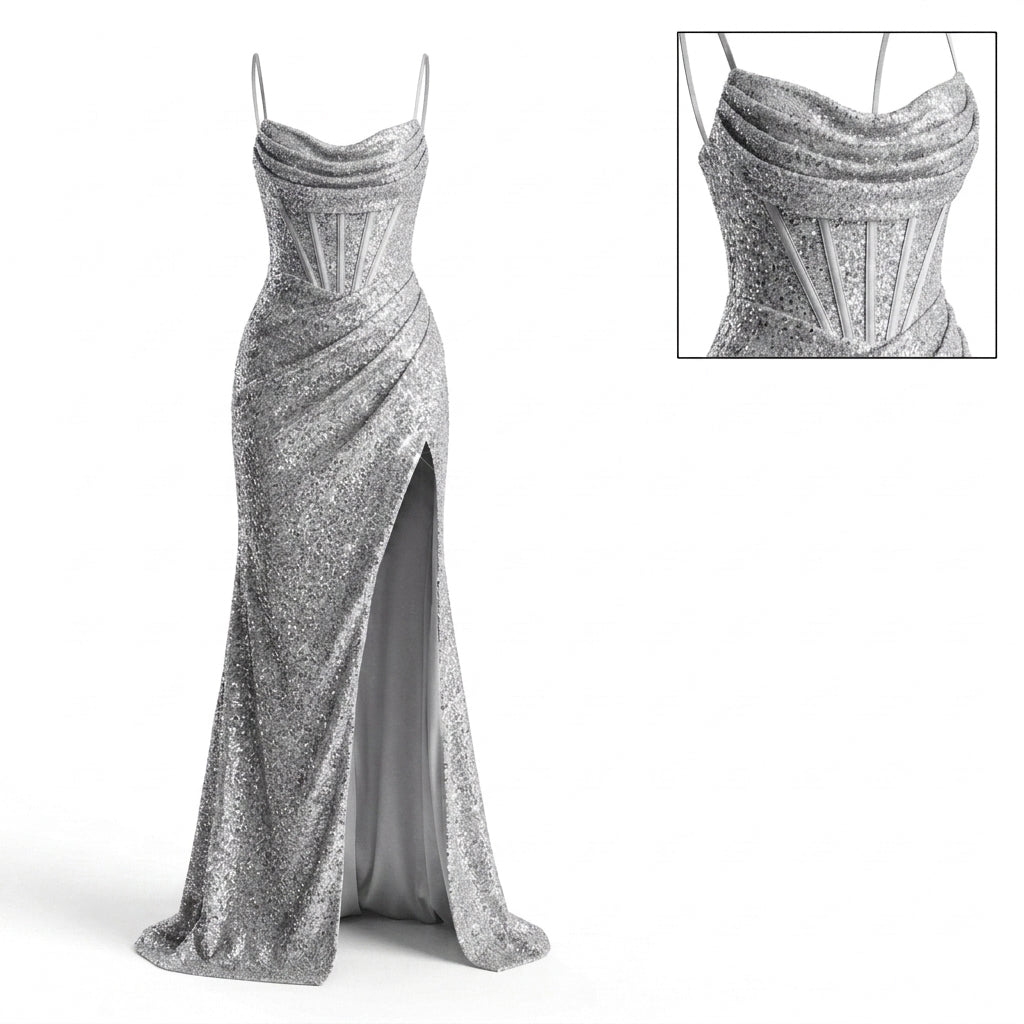 Spaghetti Strap Cowl Neck Corset Glitter High Slit Maxi Dress