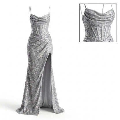 Spaghetti Strap Cowl Neck Corset Glitter High Slit Maxi Dress
