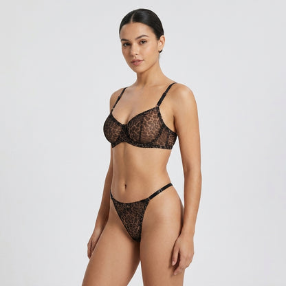 Leopard Embroidered Mesh Underwire Bra and Panty Set