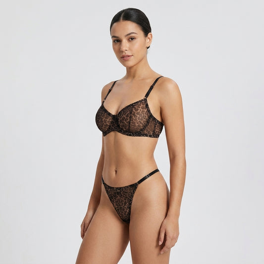 Leopard Embroidered Mesh Underwire Bra and Panty Set
