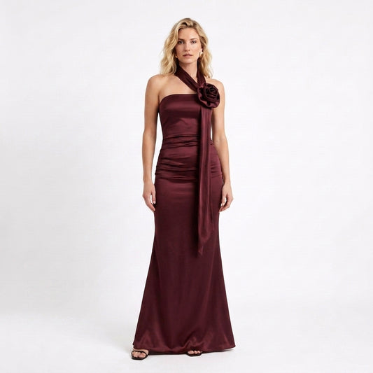 Satin One Shoulder Flower Detail Maxi Dress