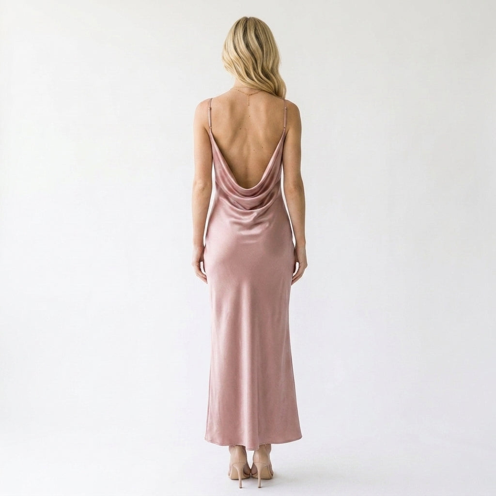 Satin Cowl Neck Slip Cocktail Maxi Dress