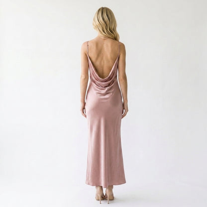 Satin Cowl Neck Slip Cocktail Maxi Dress