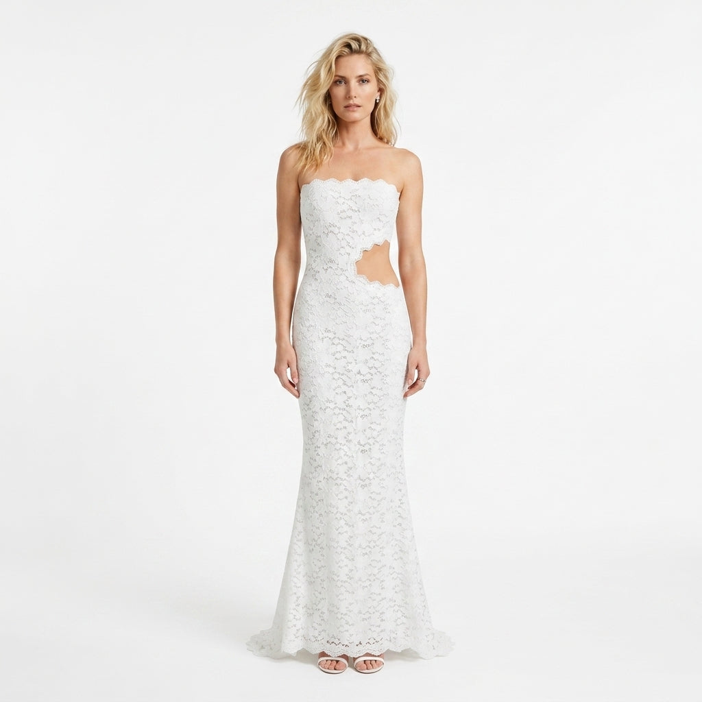 Strapless Lace Waist Cutout Mermaid Maxi Dress