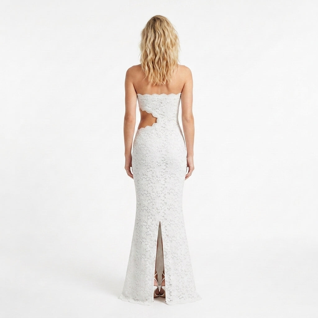 Strapless Lace Waist Cutout Mermaid Maxi Dress