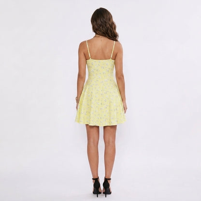 Floral Print Spaghetti Strap Tie Front A Line Mini Dress