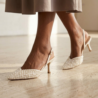 Amara Pearl Embellished Mesh Slingback Heels