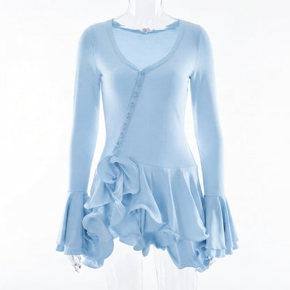 Long Sleeve Scoop Neck Button Detailed Ruffle Mini Dress