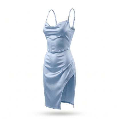 Satin Cowl Neck Ruched Side Slit Mini Dress